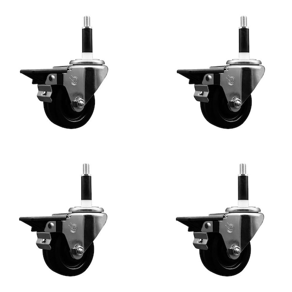 3'' Phenolic Swivel 7/8'' Expanding Stem Caster Set with Brake, 4PK